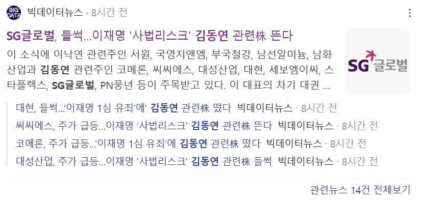 SG글로벌 관련 기사 캡처 이미지